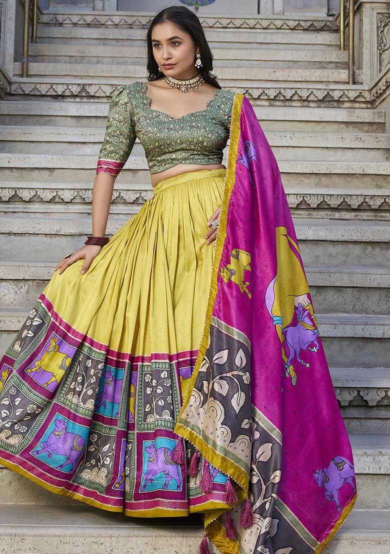 Mustard Printed Silk Lehenga Set - Indya