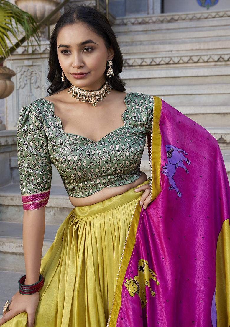 Mustard Printed Silk Lehenga Set - Indya