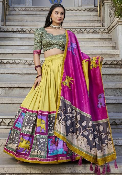 Mustard Printed Silk Lehenga Set