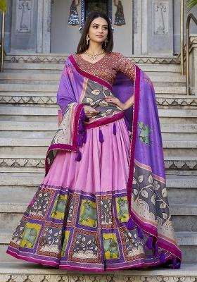 Pink Printed Silk Lehenga Set