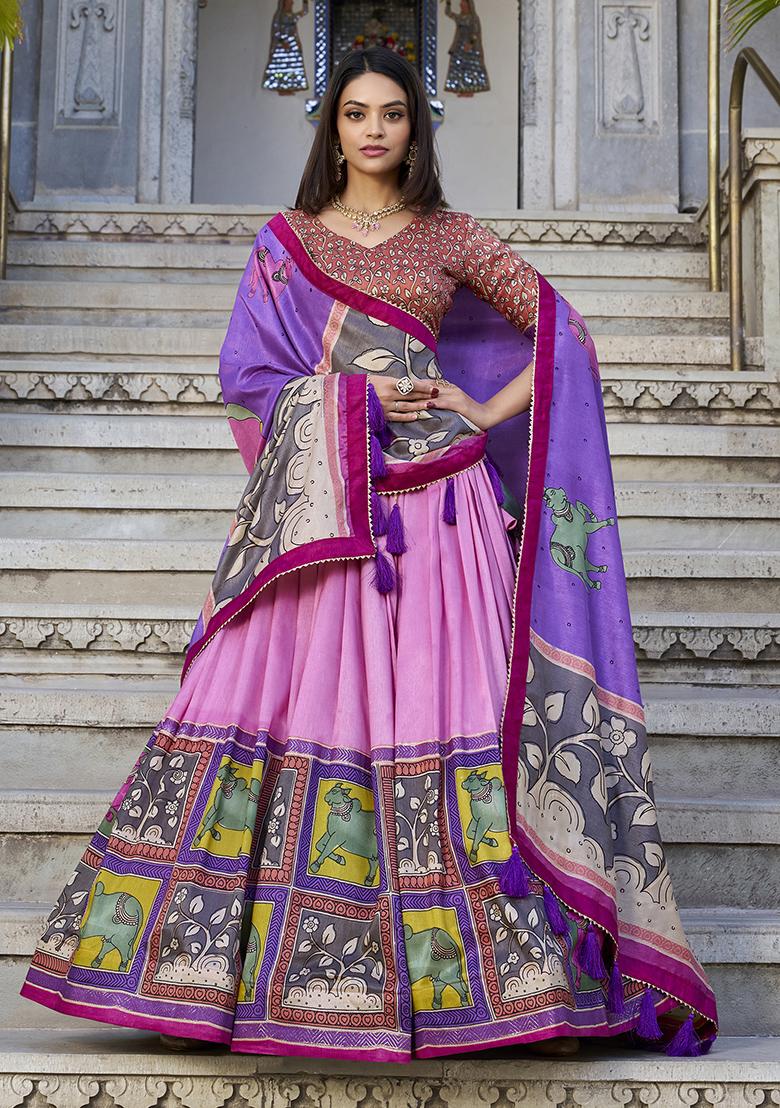 Pink Printed Silk Lehenga Set - Indya