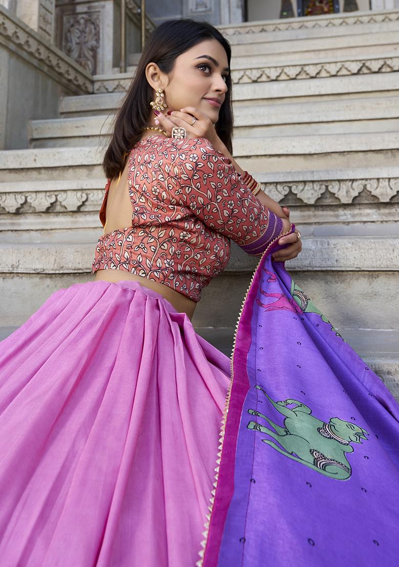 Pink Printed Silk Lehenga Set - Indya