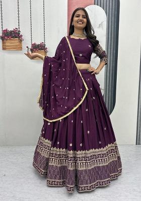 Wine Embroidery Silk Lehenga Set