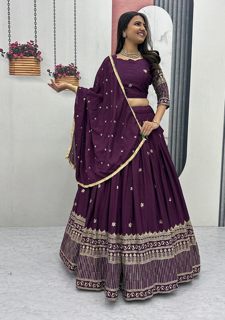 Wine Embroidery Silk Lehenga Set - Indya