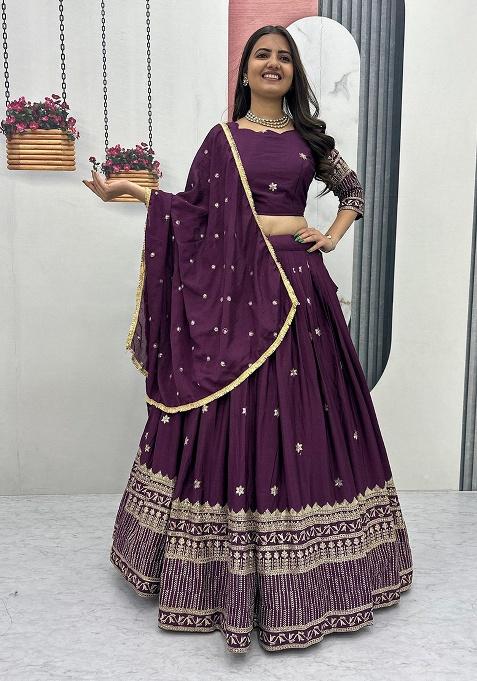 Wine Embroidery Silk Lehenga Set
