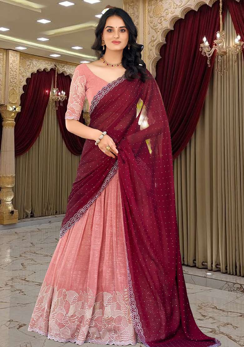 Orange Embroidery Silk Blend Lehenga Set for Diwali and Festive Wear - Indya