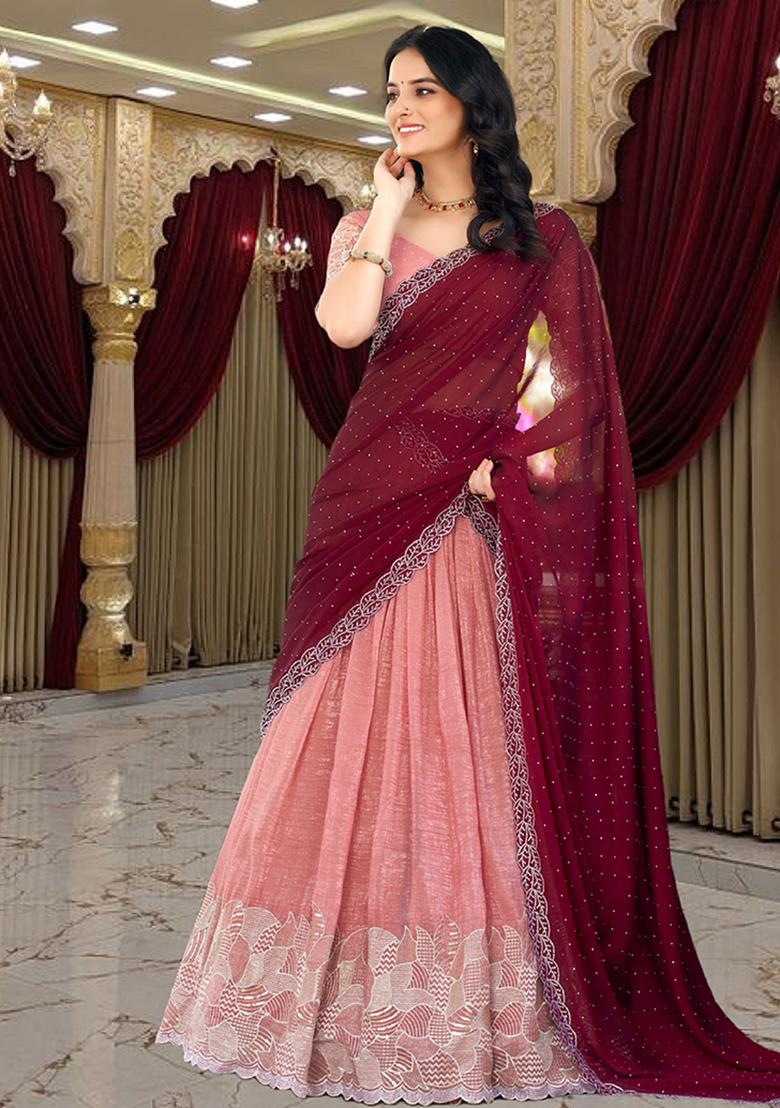 Orange Embroidery Silk Lehenga Set - Indya