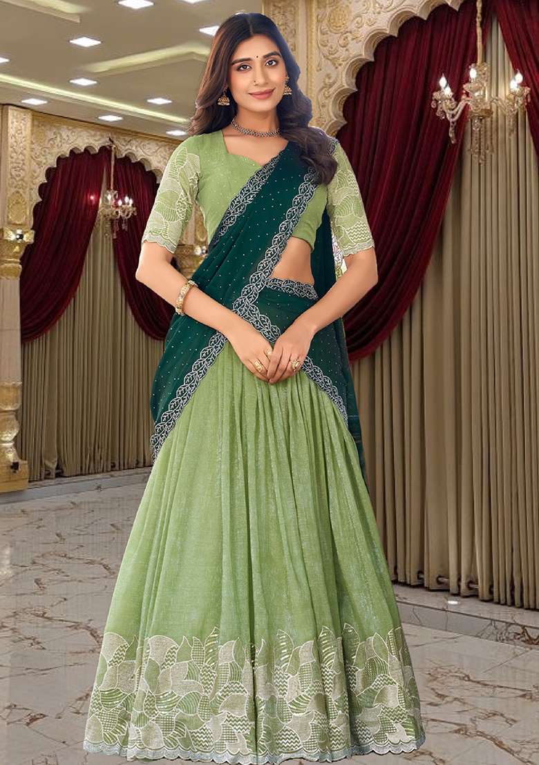 Green Silk Blend Lehenga Set with Embroidery for Diwali | Wedding & Festive Wear - Indya