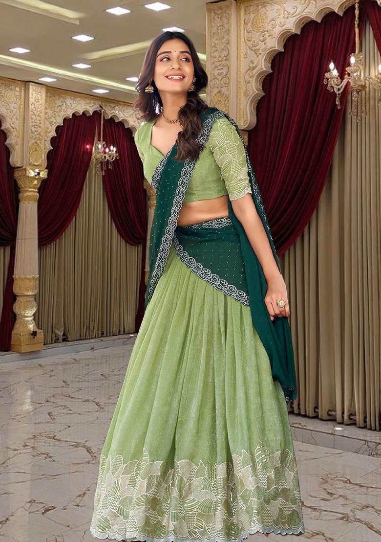 Green Embroidery Silk Lehenga Set - Indya