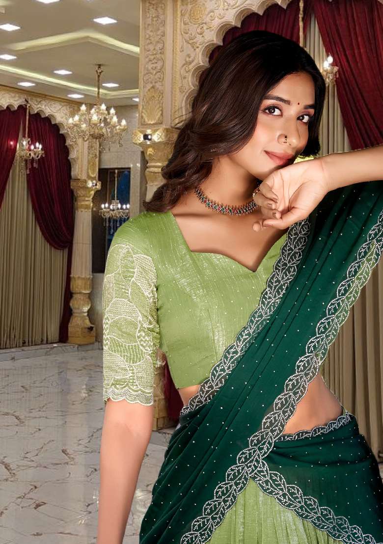 Green Silk Blend Lehenga Set with Embroidery for Diwali | Wedding & Festive Wear - Indya