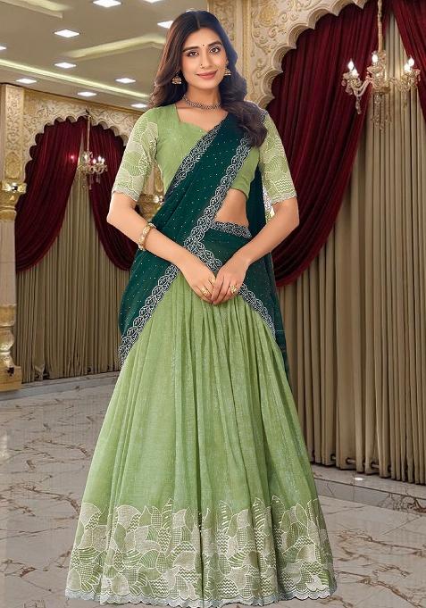 Green Embroidery Silk Lehenga Set