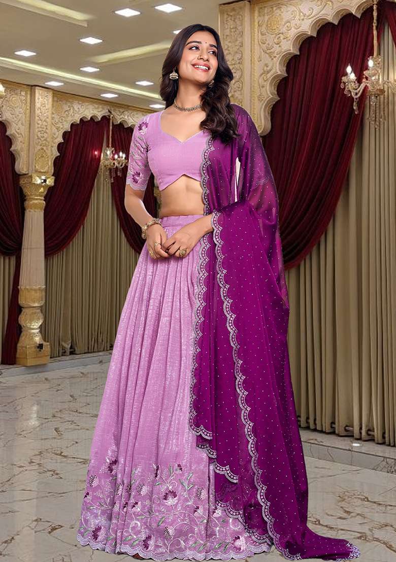 Pink Silk Blend Lehenga Set with Embroidery for Diwali | Wedding & Festive Wear - Indya