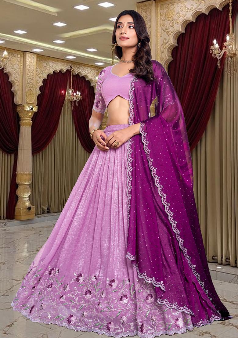 Pink Embroidery Silk Lehenga Set - Indya