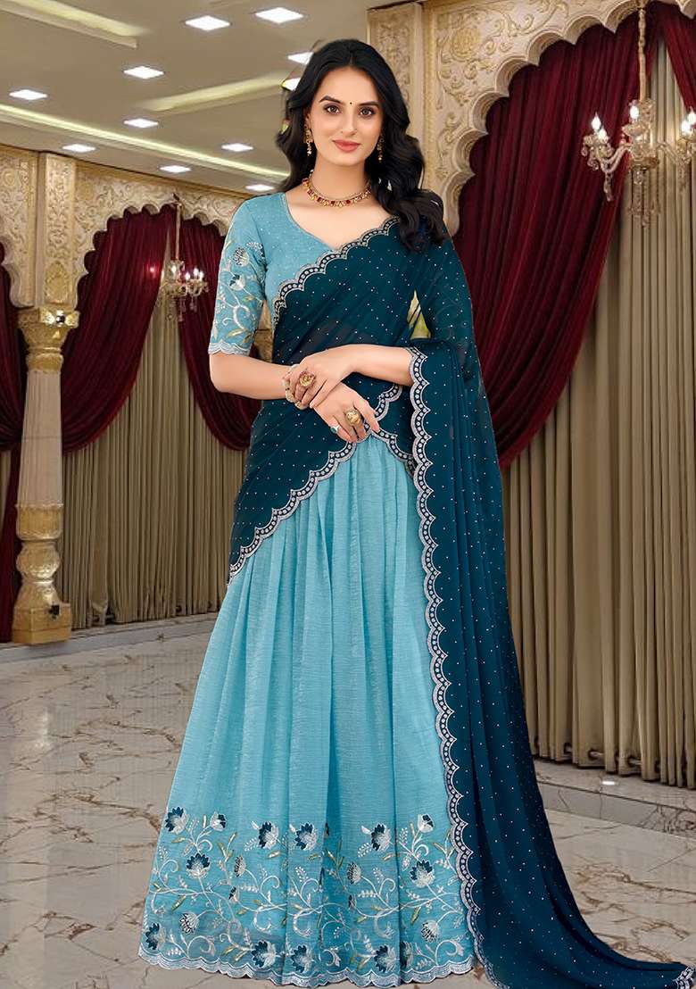 Sky Blue Silk Blend Lehenga Set with Embroidery for Diwali | Wedding & Festive Wear - Indya
