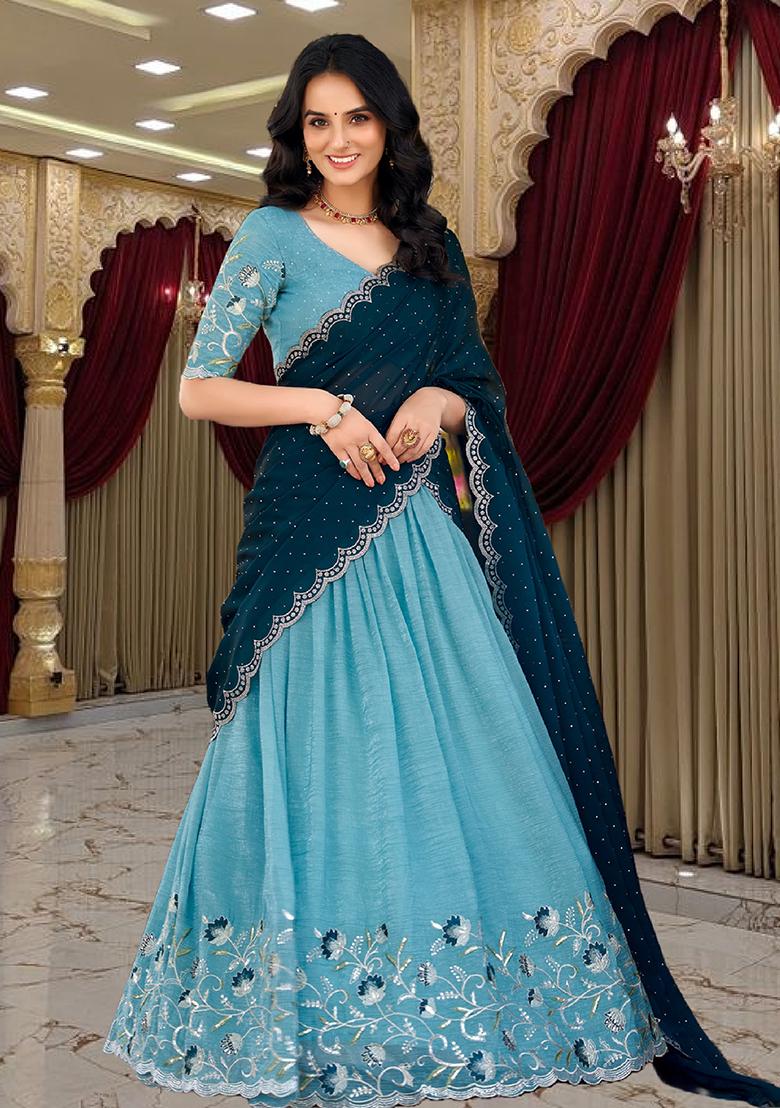Sky Blue Embroidery Silk Lehenga Set - Indya