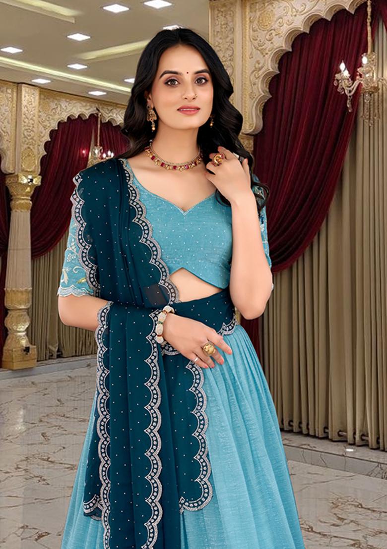 Sky Blue Embroidery Silk Lehenga Set - Indya