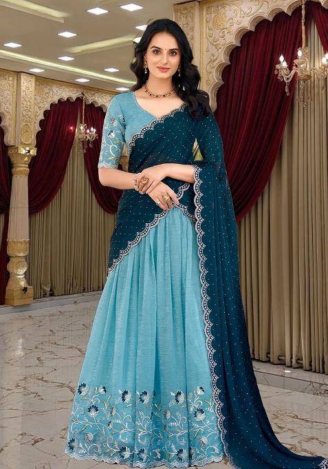 Sky Blue Embroidery Silk Lehenga Set