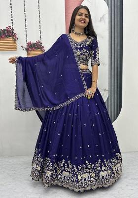 Blue Embroidery Silk Lehenga Set