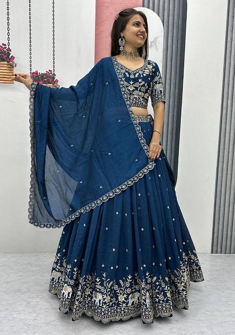 Rama Embroidery Silk Lehenga Set