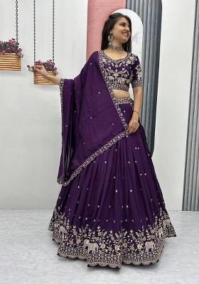 Wine Embroidery Silk Lehenga Set