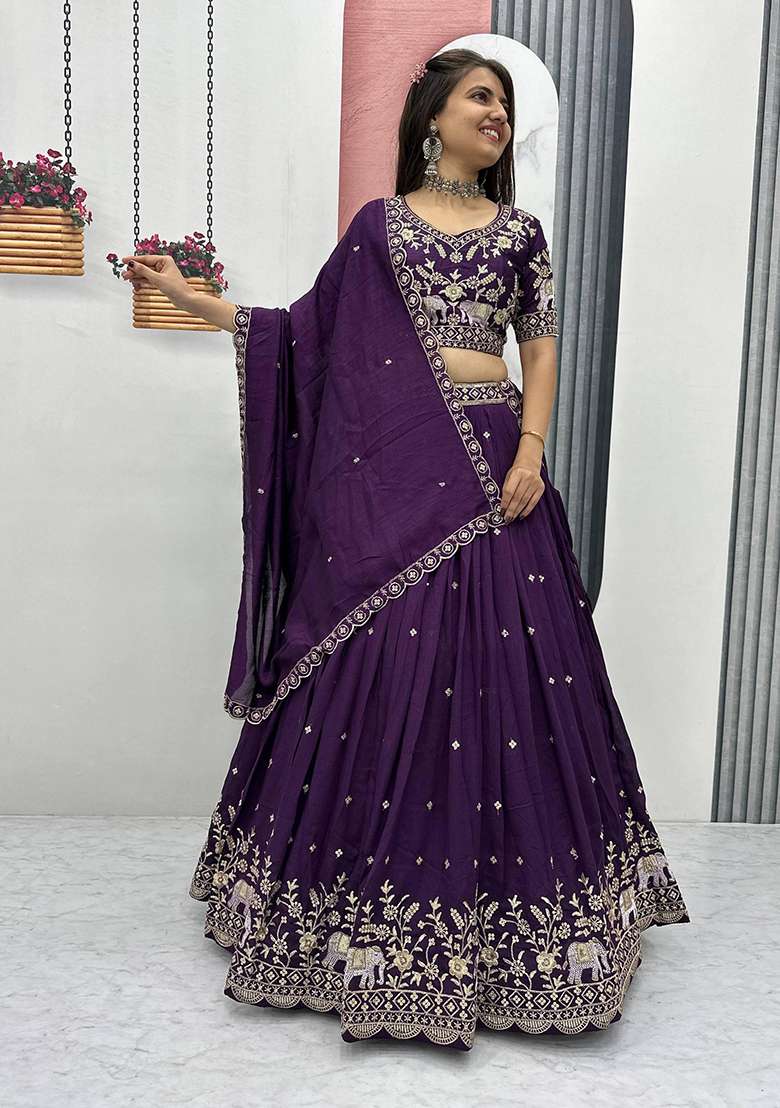 Wine Silk Blend Lehenga Set with Embroidery for Diwali | Wedding & Festive Wear - Indya