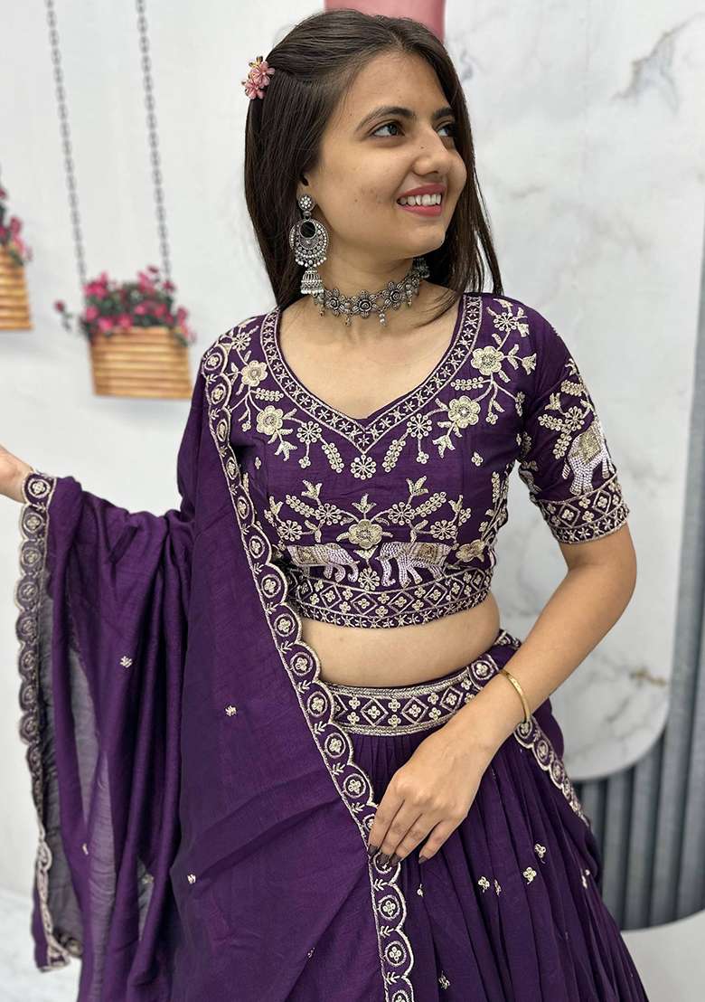 Wine Silk Blend Lehenga Set with Embroidery for Diwali | Wedding & Festive Wear - Indya