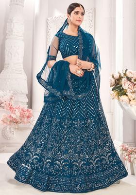Blue Embroidery Net Lehenga Set