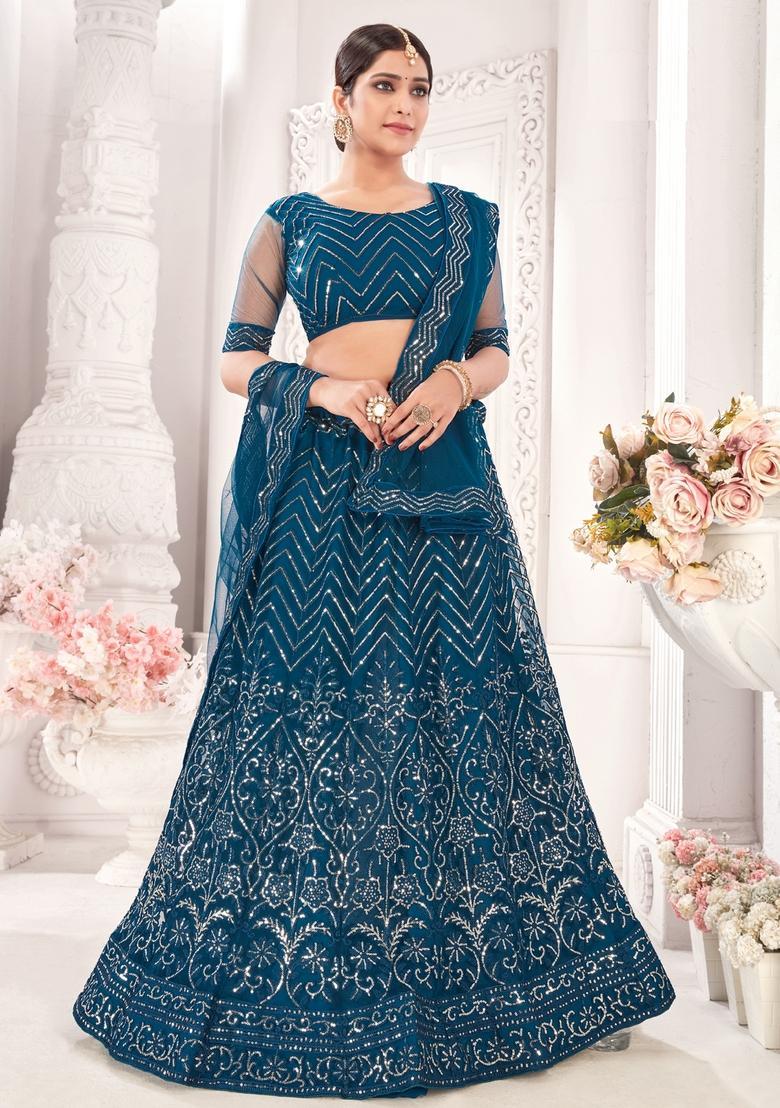 Blue Embroidery Net Lehenga Set - Indya