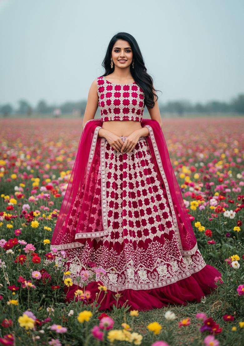 Pink Net Lehenga Set with Embroidery for Diwali | Wedding & Festive Wear - Indya