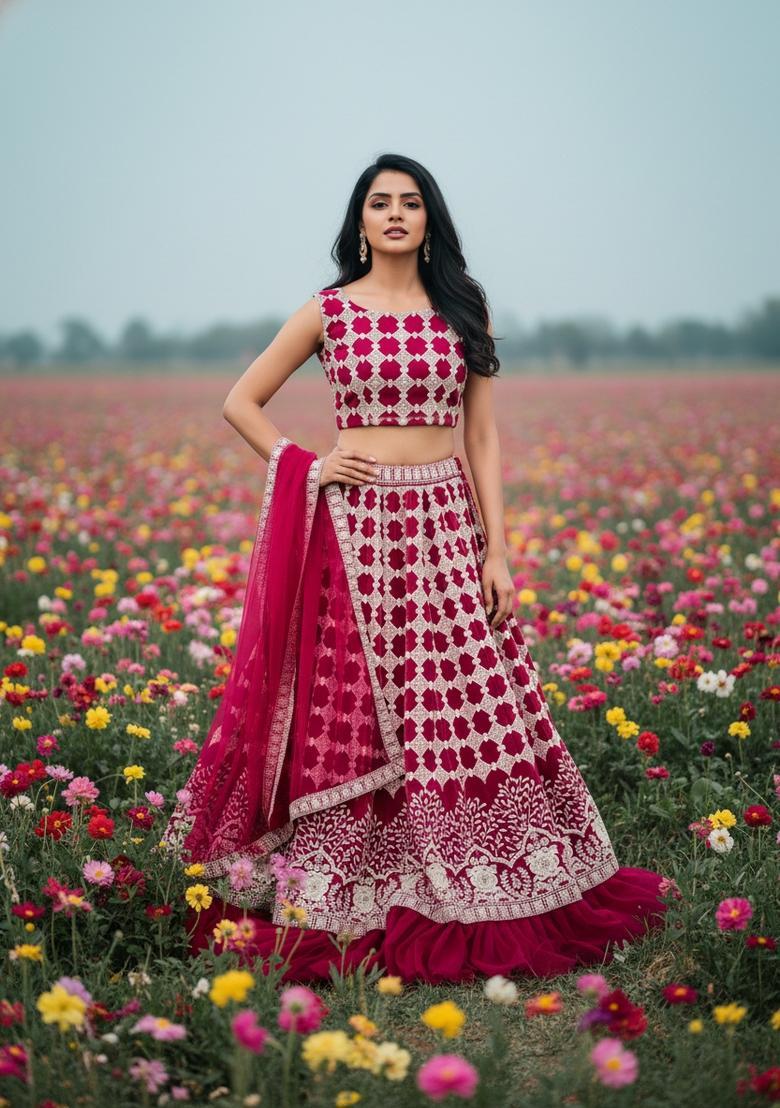 Pink Embroidery Net Lehenga Set - Indya