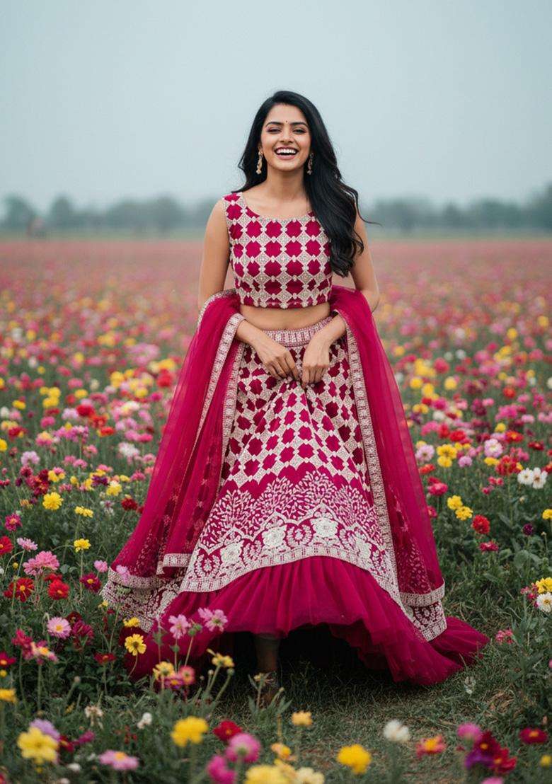 Pink Net Lehenga Set with Embroidery for Diwali | Wedding & Festive Wear - Indya