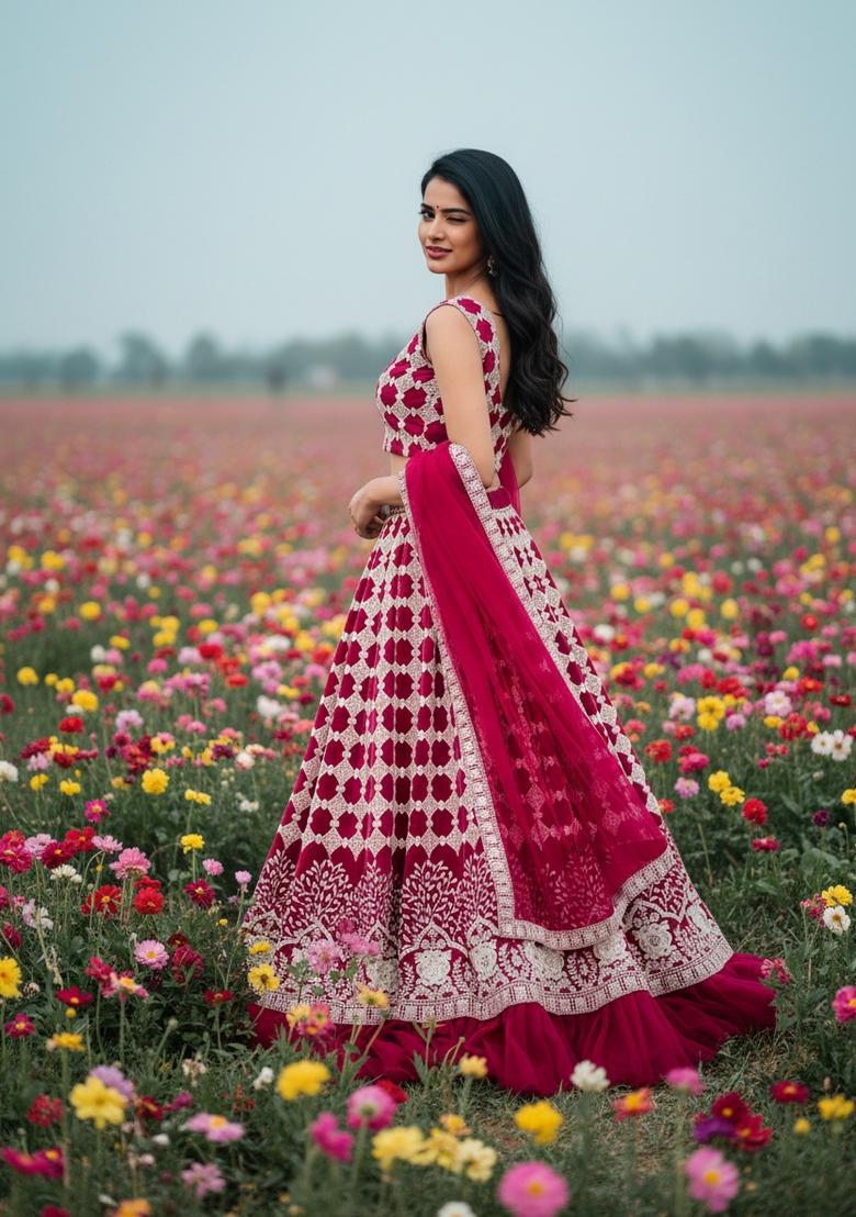 Pink Embroidery Net Lehenga Set - Indya