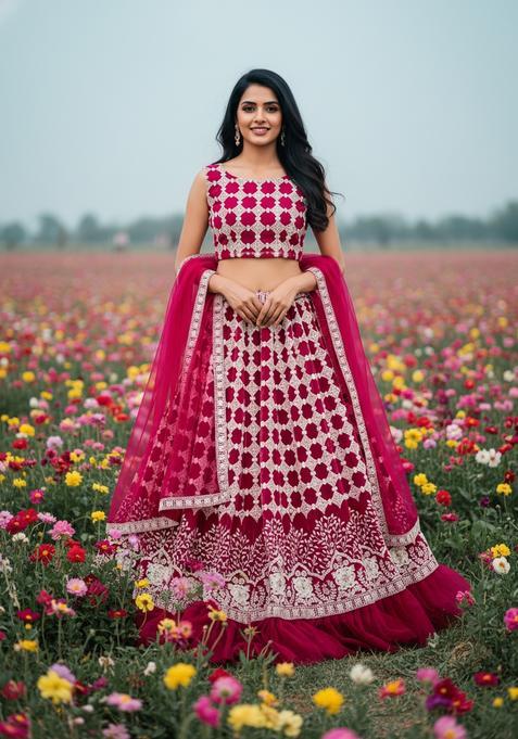 Pink Embroidery Net Lehenga Set