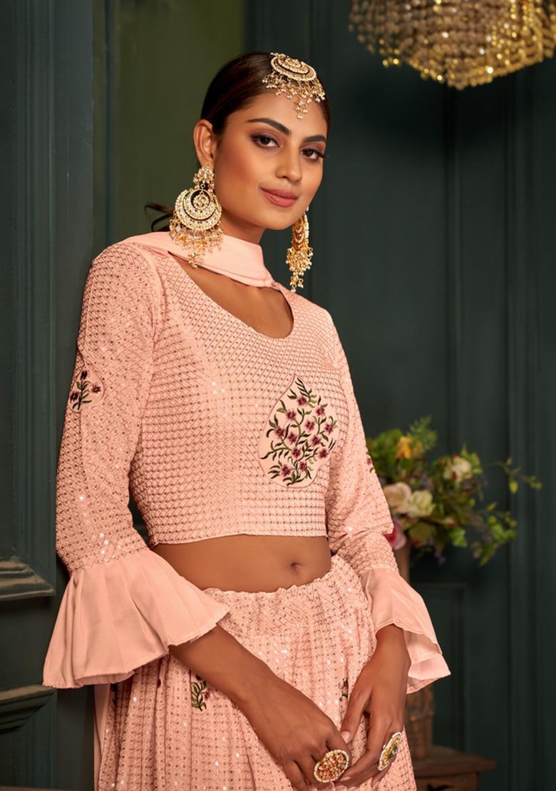 Orange Embroidery Georgette Lehenga Set - Indya