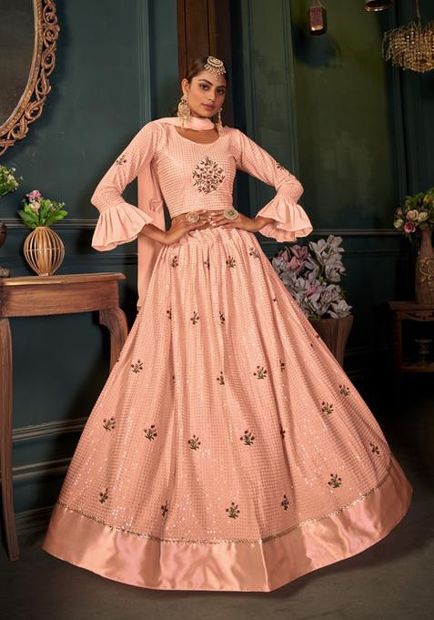 Orange Embroidery Georgette Lehenga Set