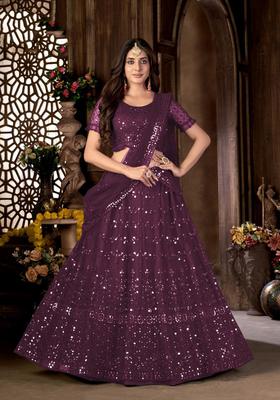 Purple Embroidery Net Lehenga Set
