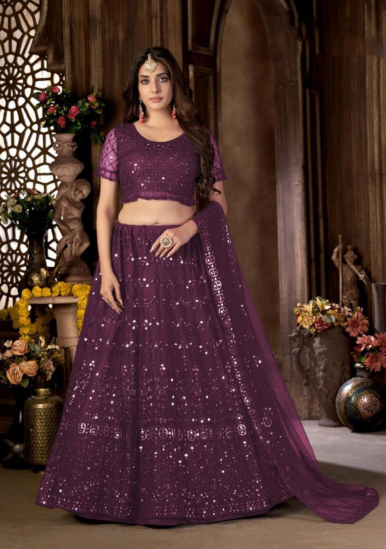 Purple Embroidery Net Lehenga Set - Indya