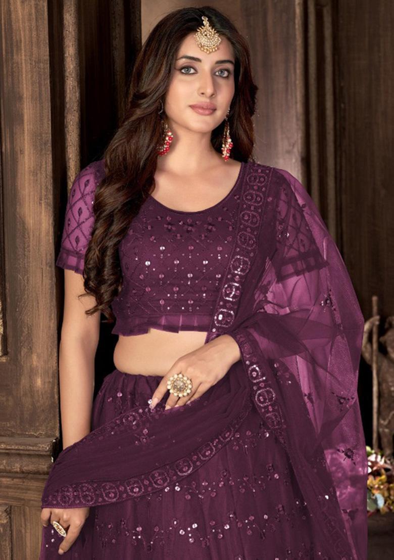 Purple Embroidery Net Lehenga Set - Indya