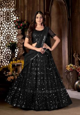 Black Embroidery Net Lehenga Set