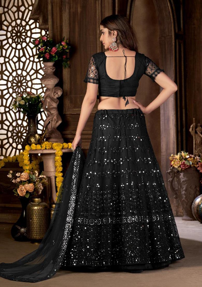 Black Embroidery Net Lehenga Set - Indya