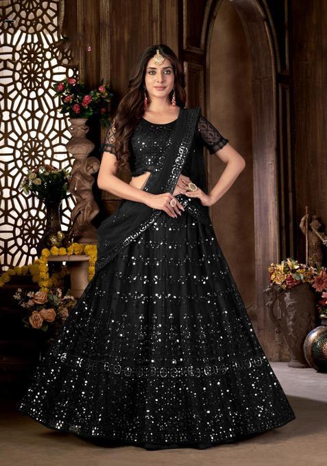 Black Embroidery Net Lehenga Set