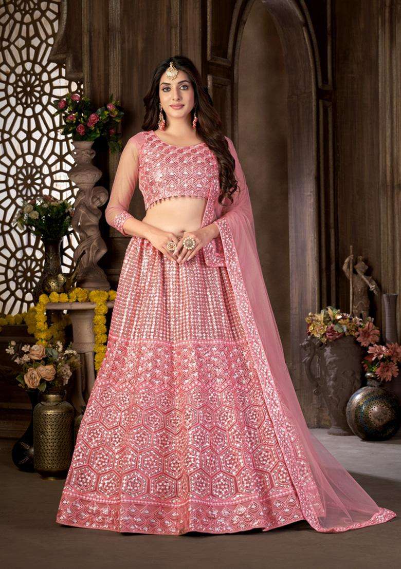 Pink Embroidery Net Lehenga Set for Diwali and Festive Wear - Indya