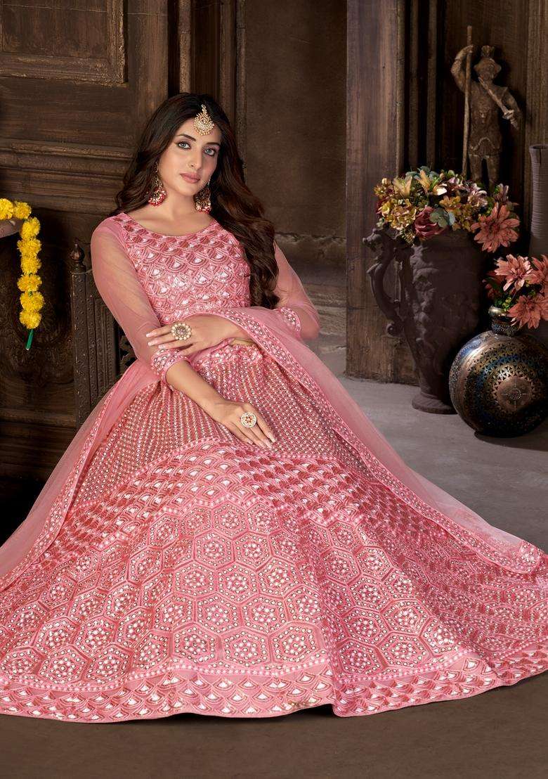 Pink Embroidery Net Lehenga Set for Diwali and Festive Wear - Indya