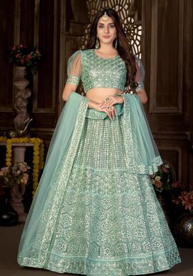 Green Embroidery Net Lehenga Set