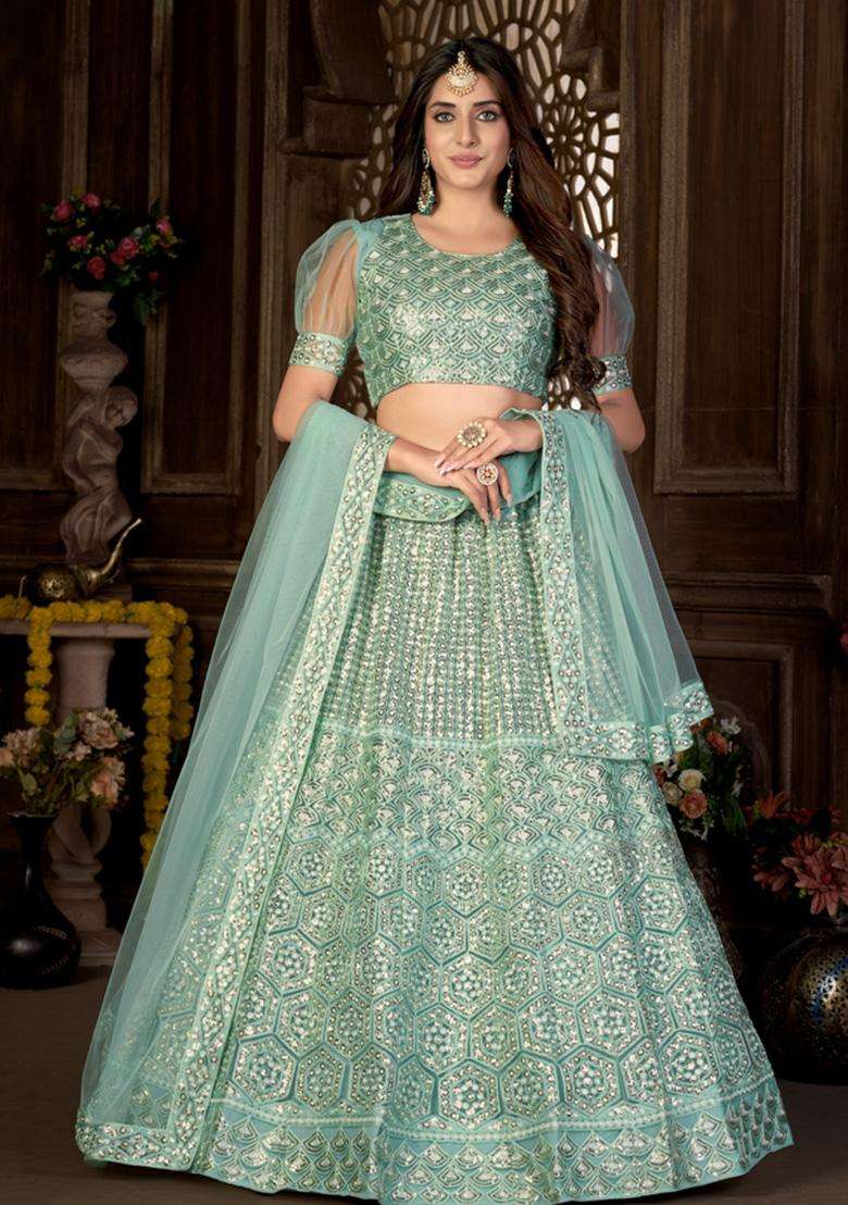 Green Net Lehenga Set with Embroidery for Diwali | Wedding & Festive Wear - Indya