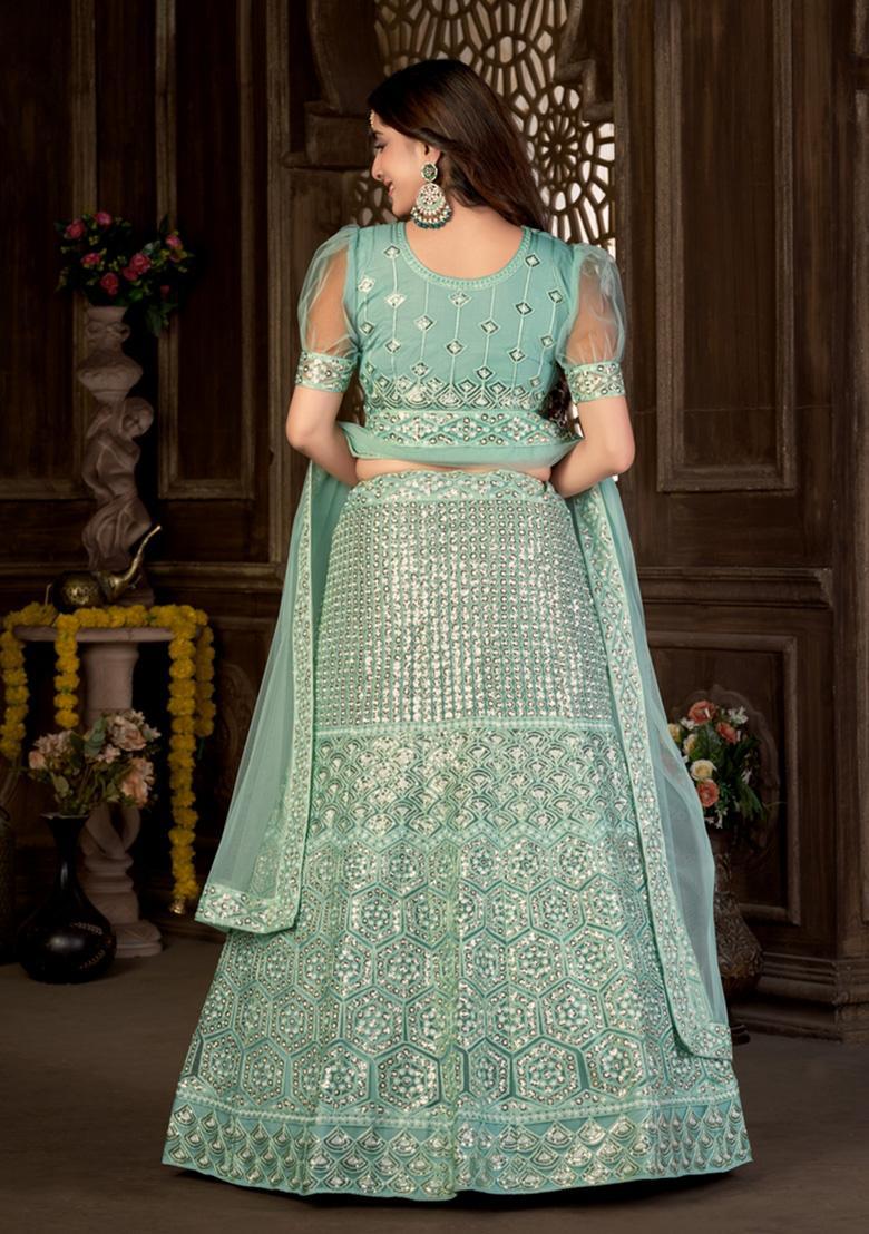 Green Embroidery Net Lehenga Set - Indya