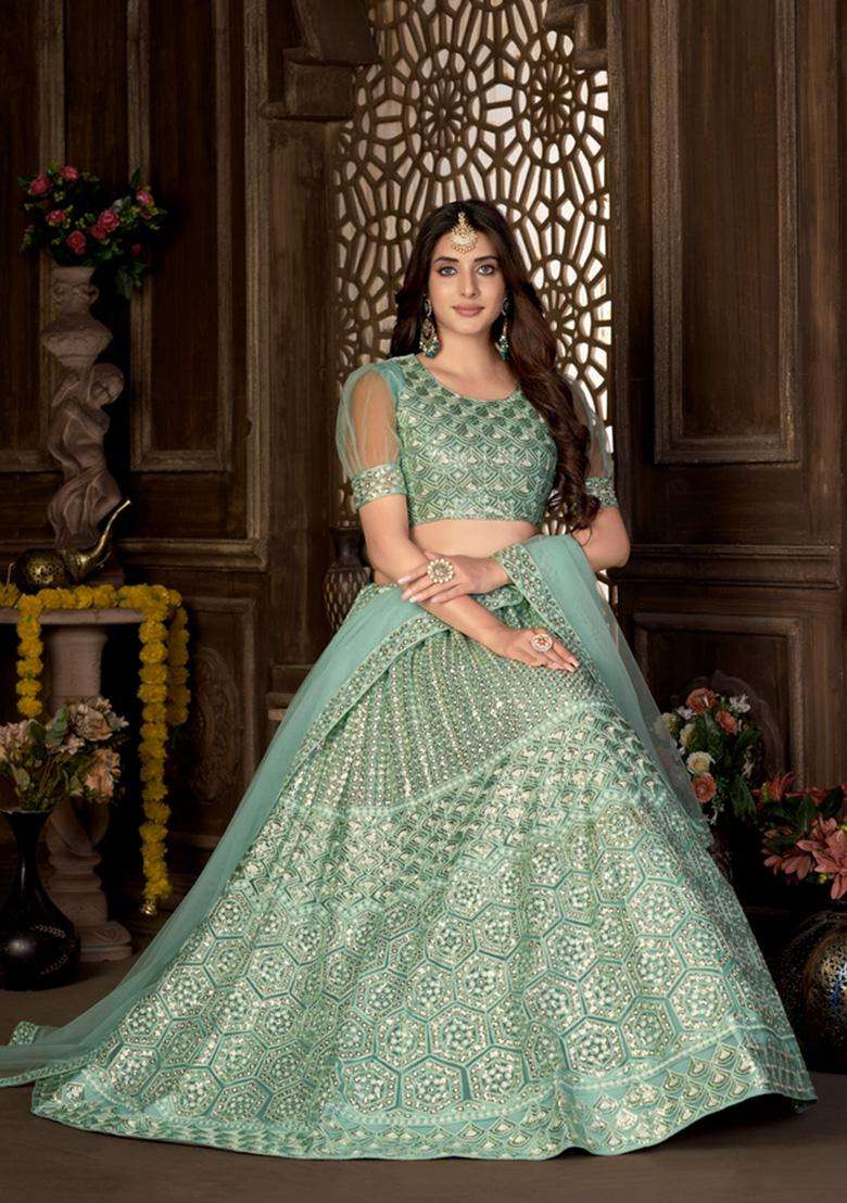 Green Net Lehenga Set with Embroidery for Diwali | Wedding & Festive Wear - Indya