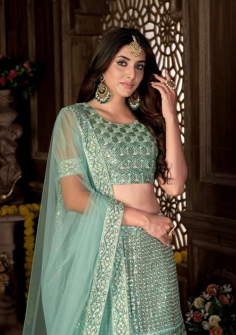 Green Embroidery Net Lehenga Set - Indya