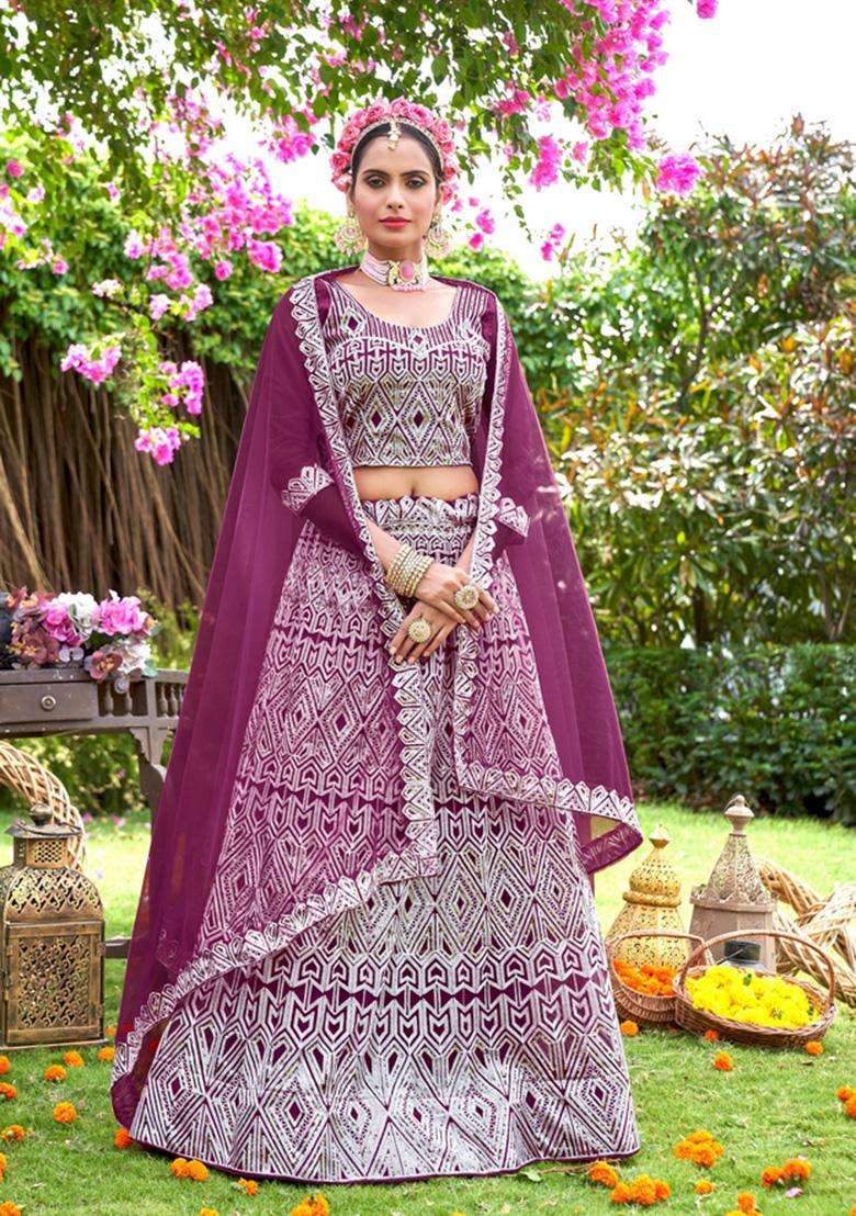 Purple Net Lehenga Set with Embroidery for Diwali | Wedding & Festive Wear - Indya