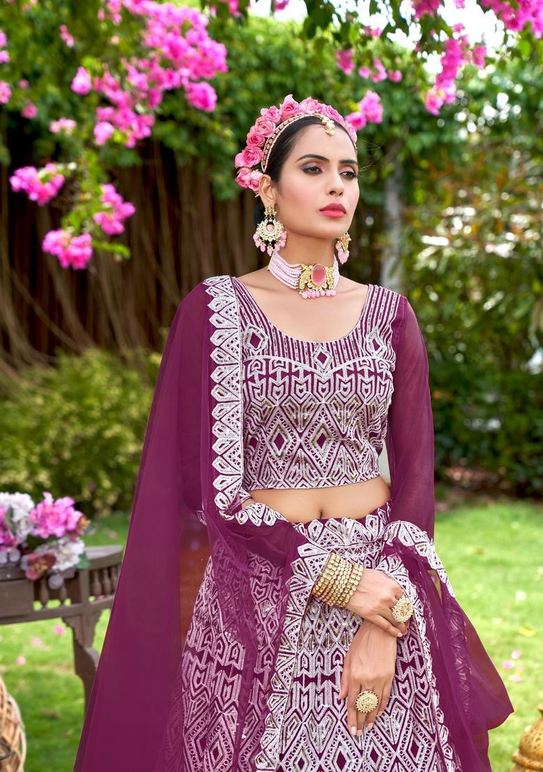 Purple Embroidery Net Lehenga Set - Indya